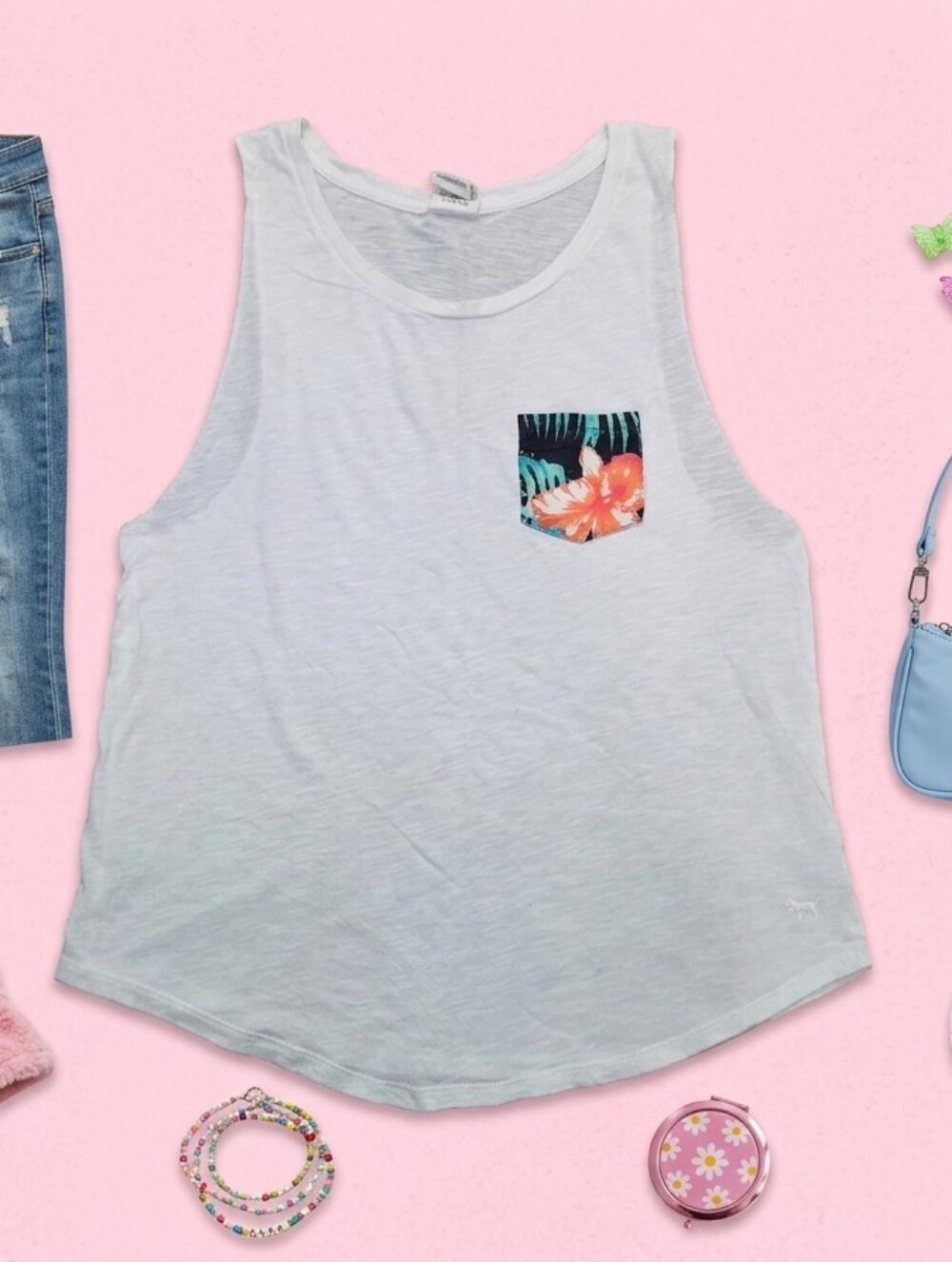 Y2K Victoria's Secret PINK White Tropical Gym Pocket Tank Tee Small Muscle Vacay